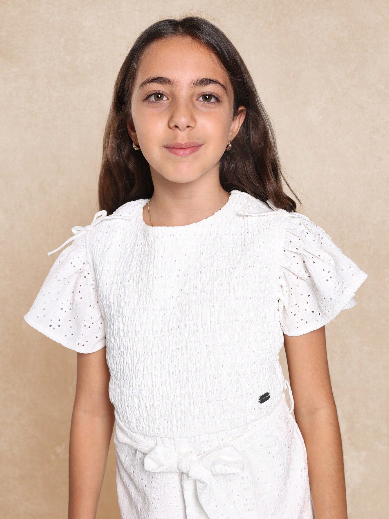 Tween Girls Frill Sleeve Jersey Broderie Jumpsuit With Ribbon On