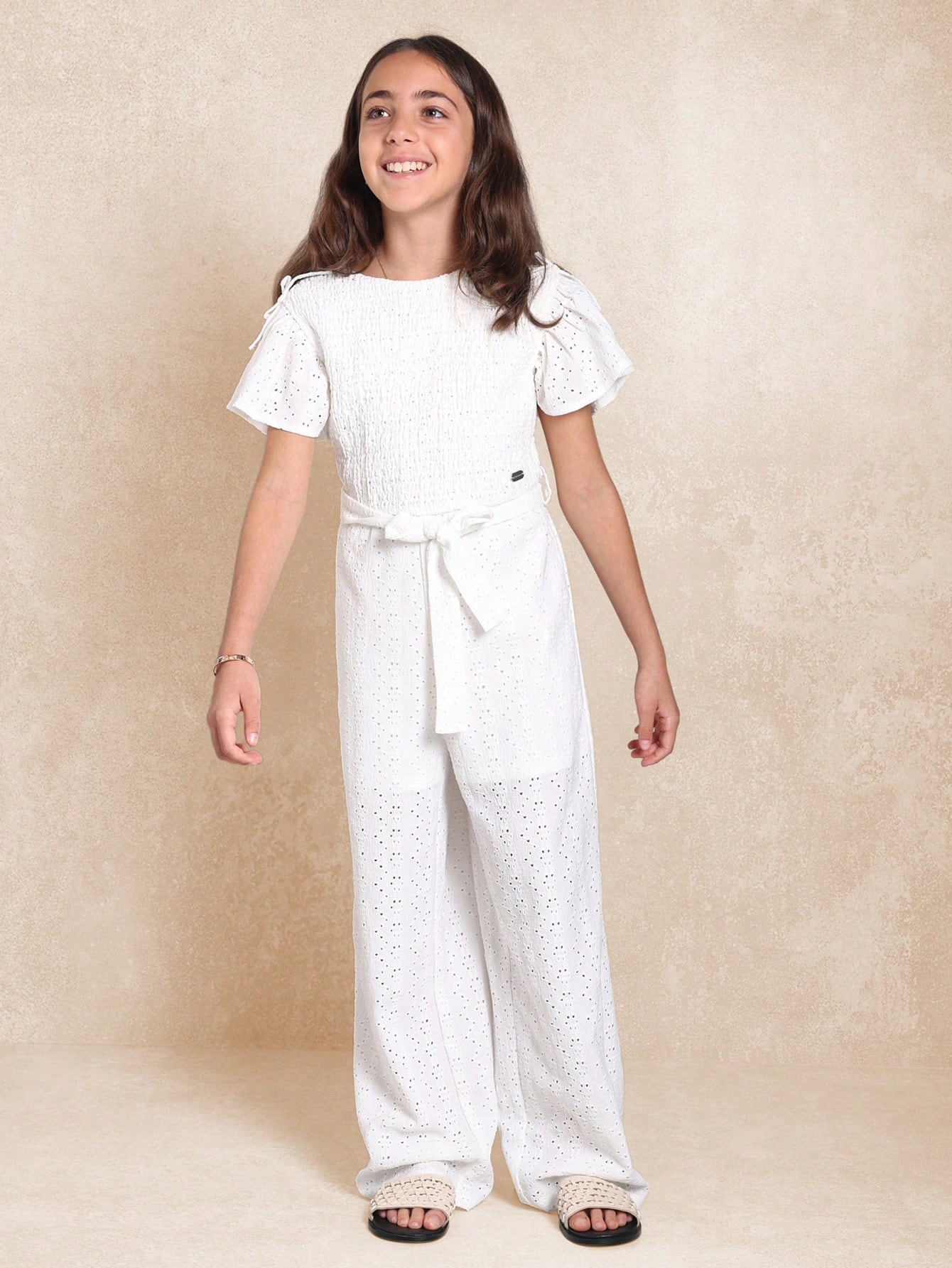 Tween Girls Frill Sleeve Jersey Broderie Jumpsuit With Ribbon On