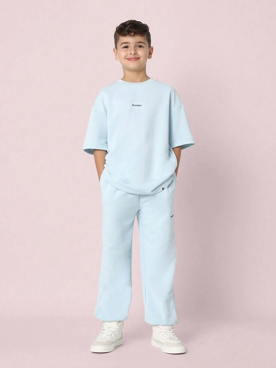 Tween Boys Comfy Oversized Fit Short Sleeve Tee And Jogger Baby Blue