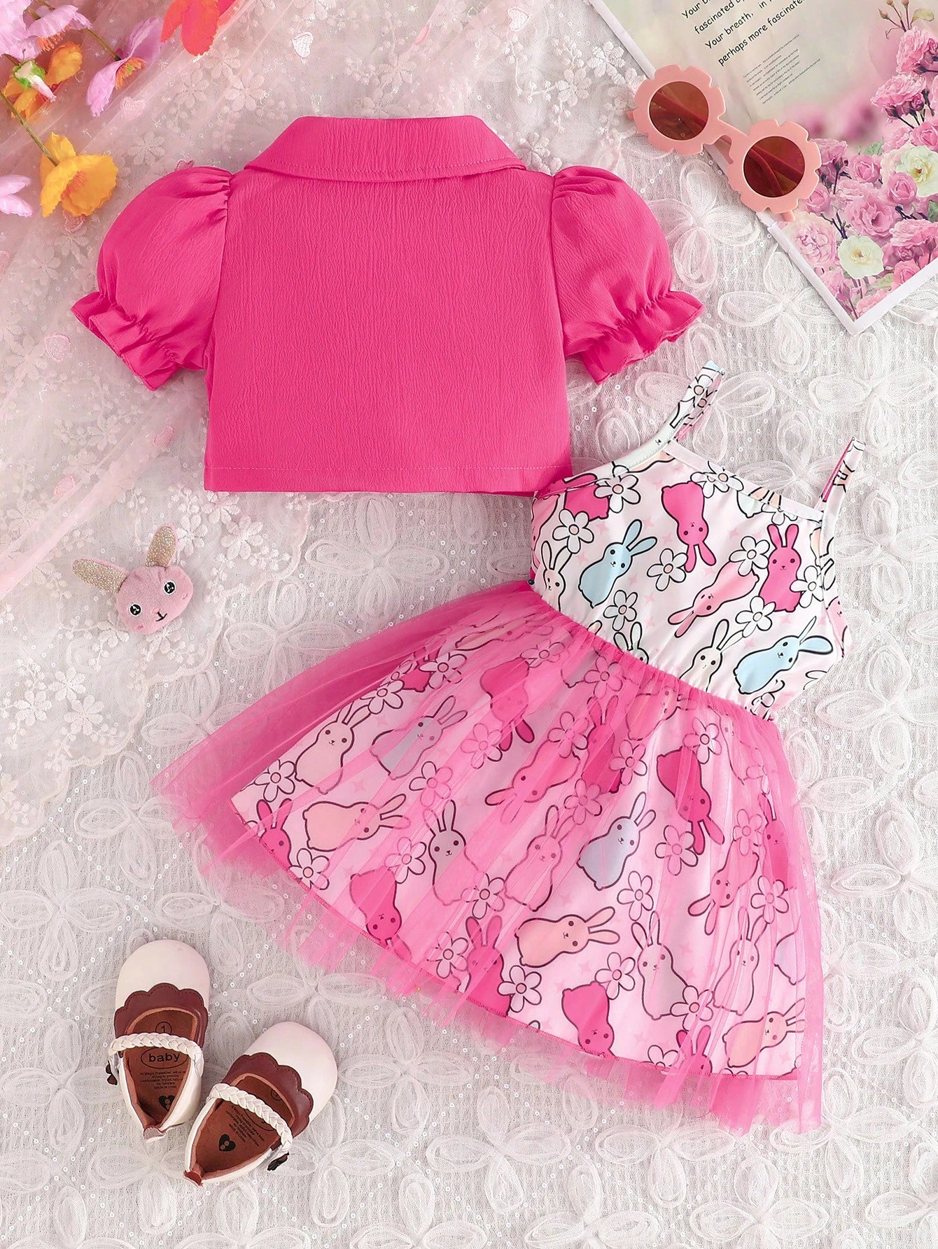 2pcs Baby Girls Elegant Button Decor Short Sleeve Cardigan Jacket Paired With Cute Rabbit Print Mesh Dress