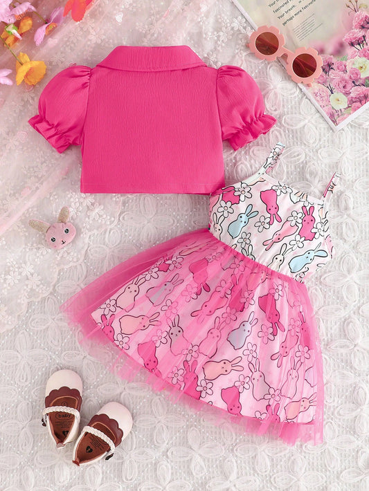 2pcs Baby Girls Elegant Button Decor Short Sleeve Cardigan Jacket Paired With Cute Rabbit Print Mesh Dress