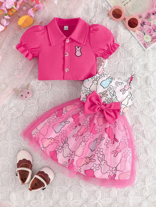 2pcs Baby Girls Elegant Button Decor Short Sleeve Cardigan Jacket Paired With Cute Rabbit Print Mesh Dress Hot Pink