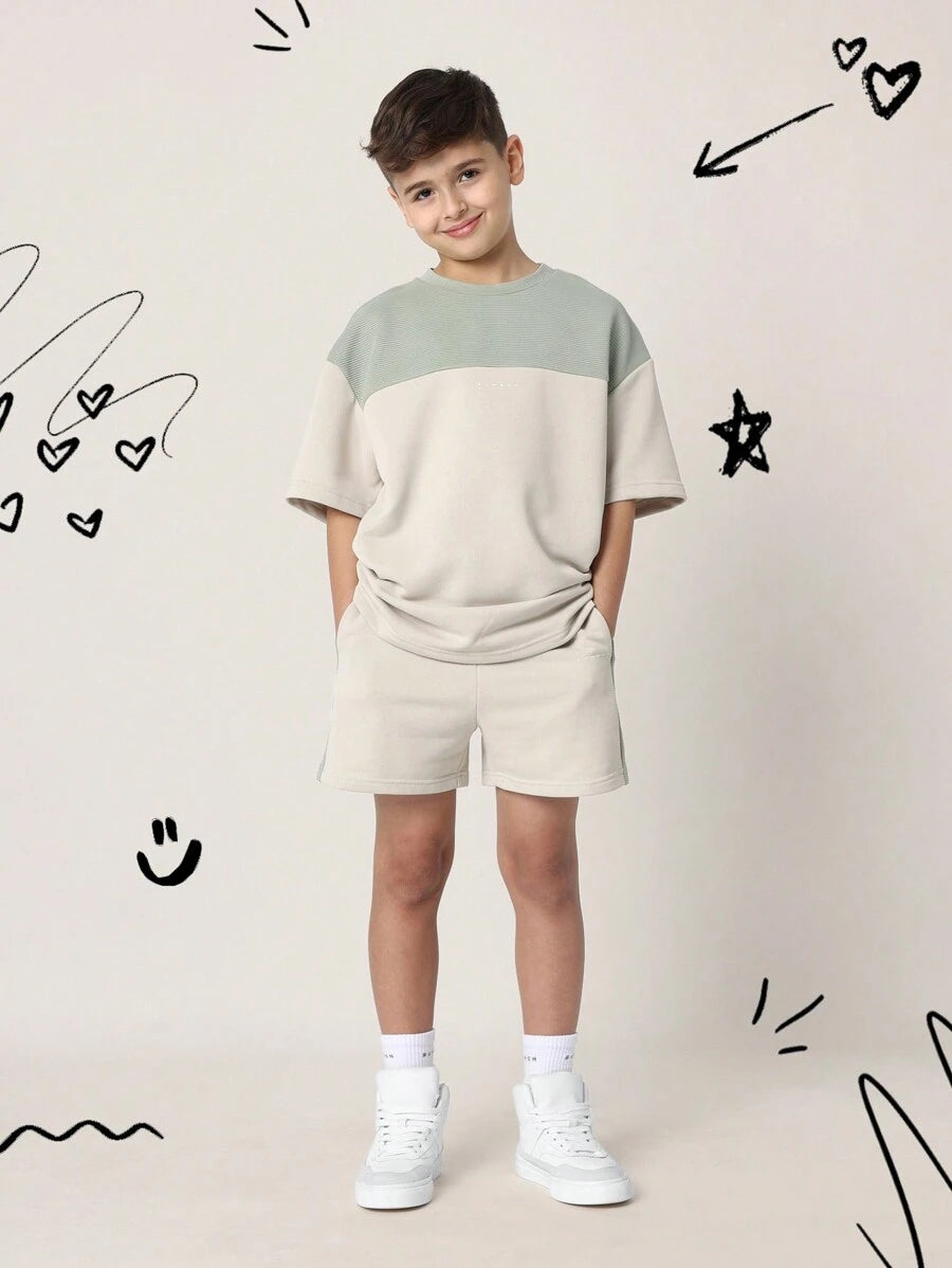 Tween Boys Comfy Regular Fit Colour Blocked Textured Panel Short Sleeve Tee And Short Khaki