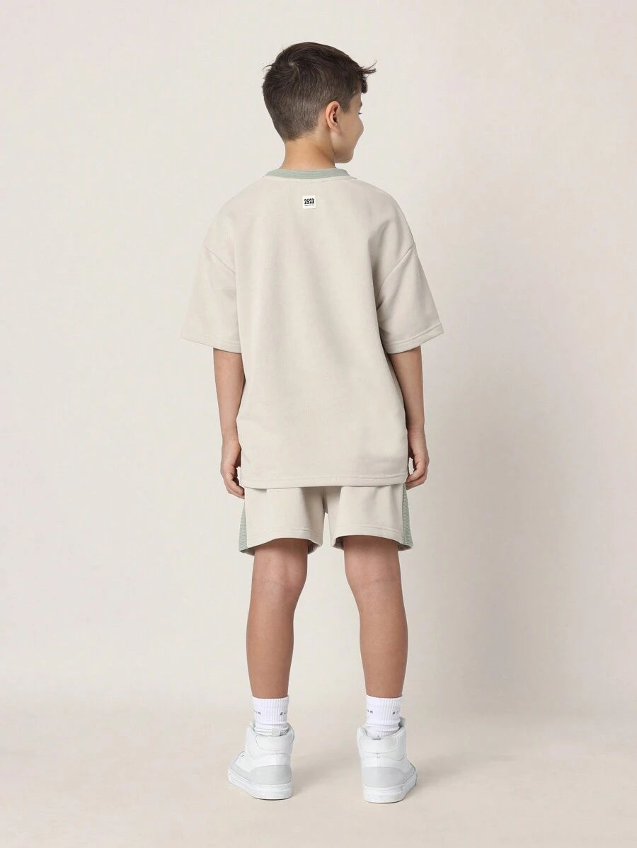 Tween Boys Comfy Regular Fit Colour Blocked Textured Panel Short Sleeve Tee And Short