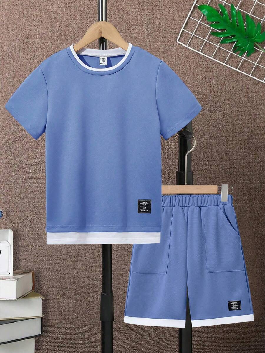 Tween Boy Letter Patched Detail 2 In 1 Tee & Shorts Blue
