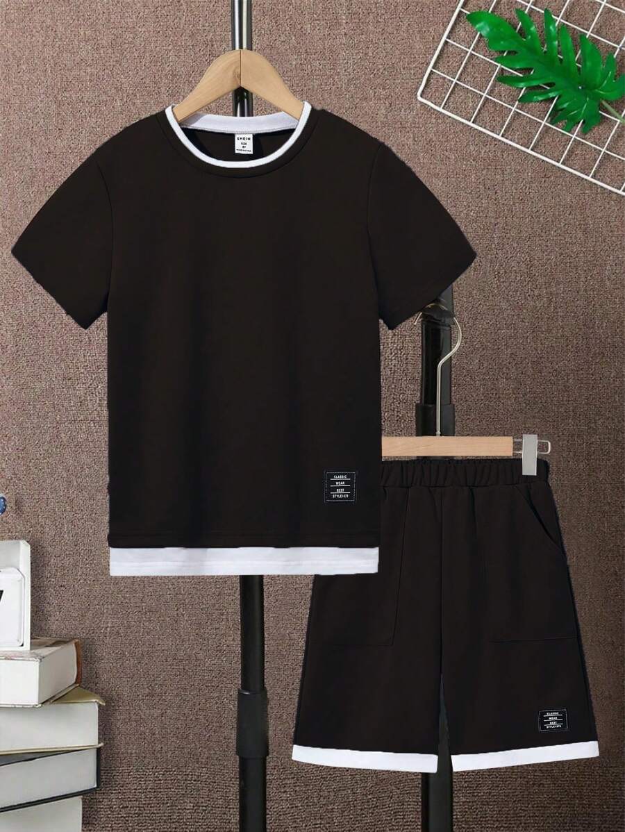 Tween Boy Letter Patched Detail 2 In 1 Tee & Shorts Chocolate Brown