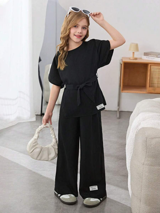 Tween Girls Textured Loose Drop Shoulder Tie-Waist Letter Print Blouse And Wide Leg Pants Black