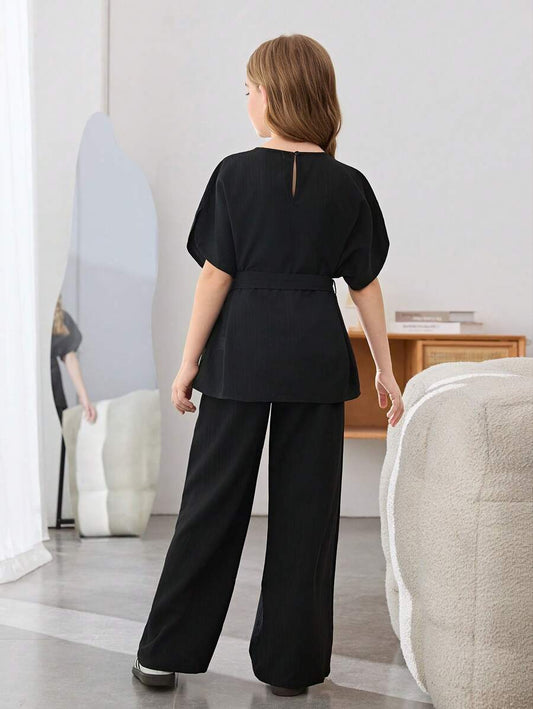Tween Girls Textured Loose Drop Shoulder Tie-Waist Letter Print Blouse And Wide Leg Pants