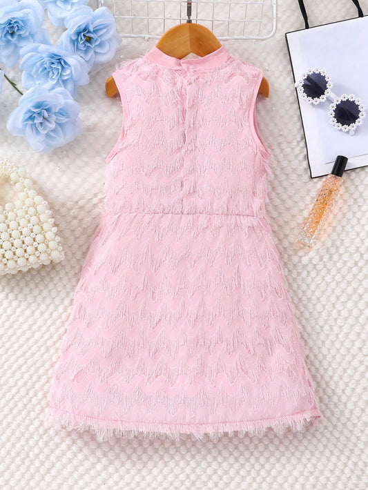 Young Girl Sleeveless Dress With Bow Decor, Stand Collar