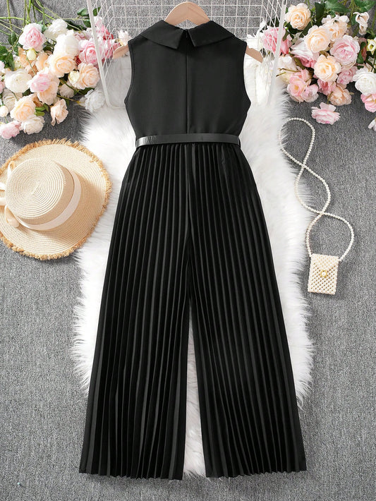 Tween Girls Solid Turndown Collar Sleeveless Urban Elegant Jumpsuit With Pleated Pants