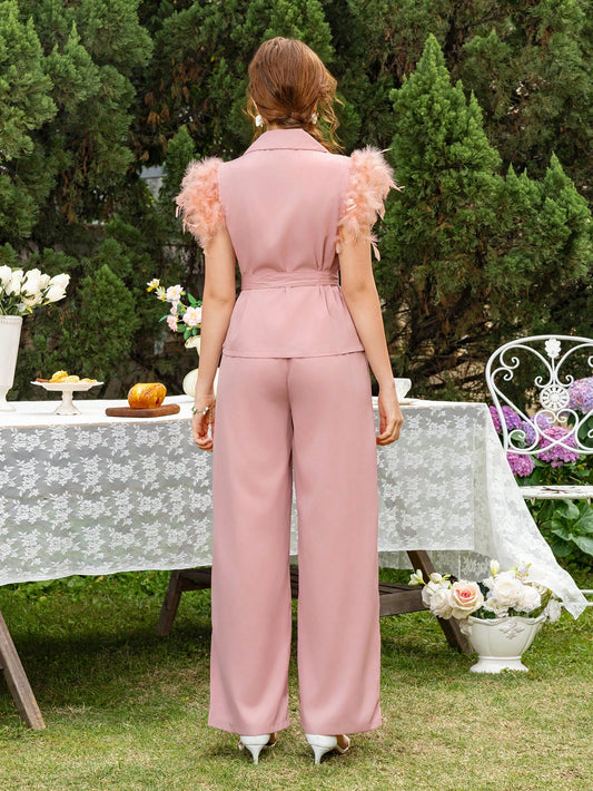 Feather Decor Short Sleeve Tie-Up Crop Top & Simple Wide Leg Pants