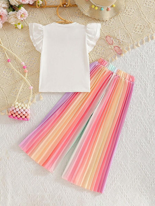 2pcs/Set Cute Rainbow Pattern Flyaway Sleeve T-Shirt + Tie-Dye Wide Leg Pants