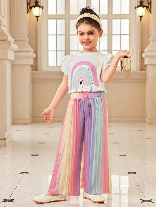 2pcs/Set Cute Rainbow Pattern Flyaway Sleeve T-Shirt + Tie-Dye Wide Leg Pants Multicolor 6Y