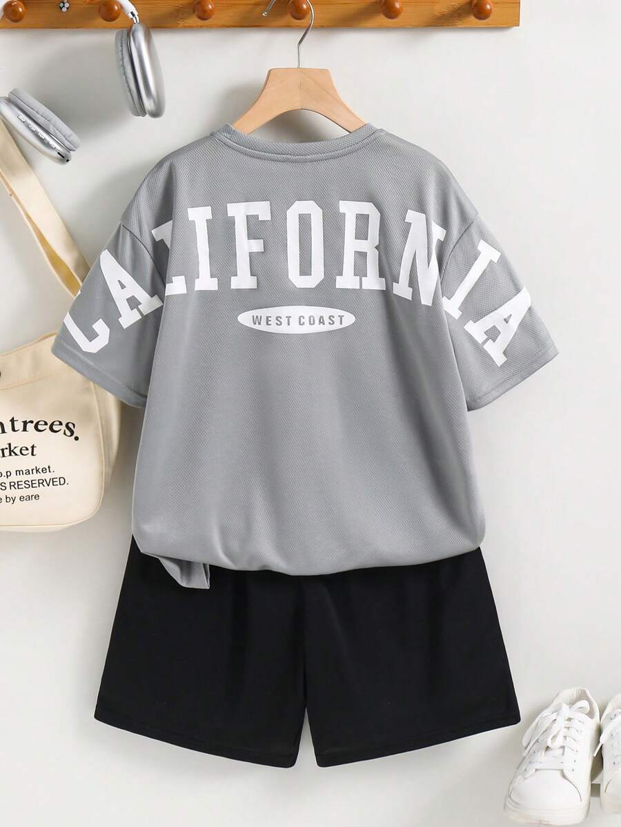 Tween Boys' Casual Versatile Comfortable Street Style Letter Print Loose Fit Short Sleeve Knit T-Shirt And Shorts