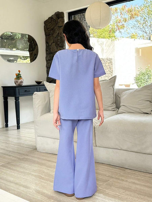 2pcs/Set Casual Textured Girls Bubble Fabric Split Short Sleeve Jumpsuit