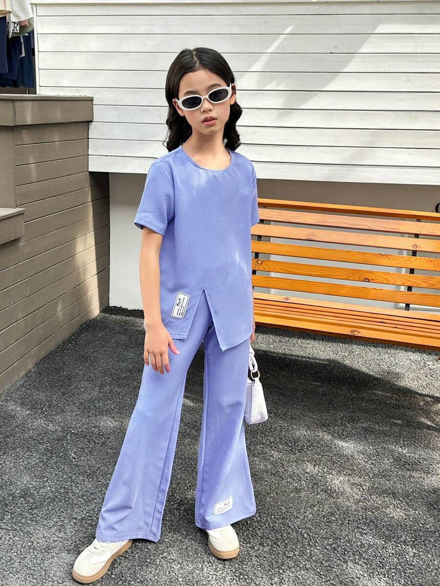 2pcs/Set Casual Textured Girls Bubble Fabric Split Short Sleeve Jumpsuit