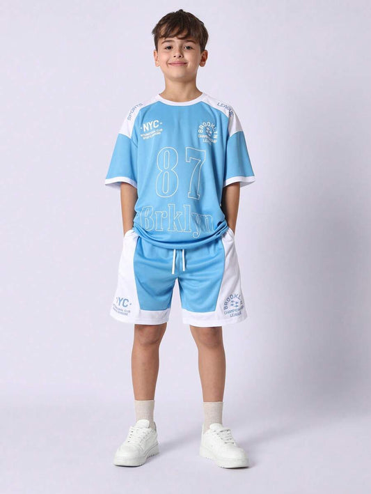 Tween Boys Comfy Regular Fit Baller Short Sleeve Tee And Shorts Blue