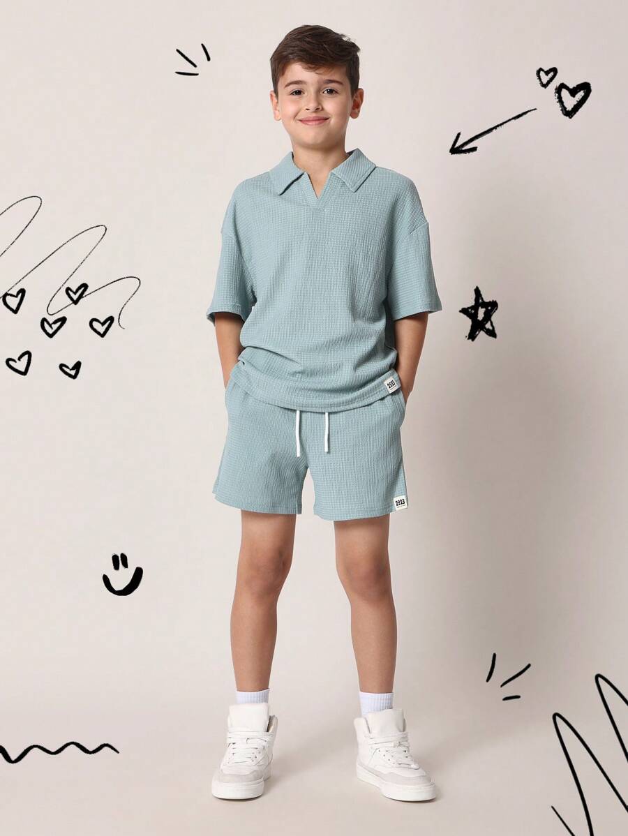 Tween Boys Comfy Regular Fit Textured Short Sleeve Polo Shirt And Short Green