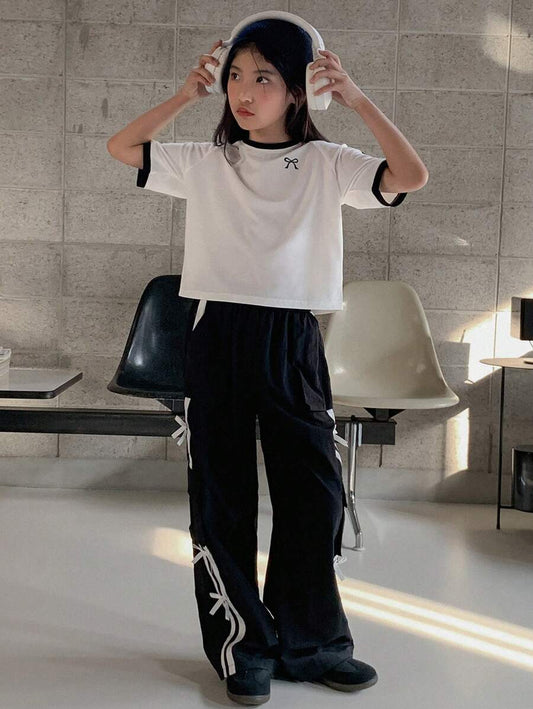 Tween Girls Bow Print Raglan Short Sleeve Top And Pants Outfit Black & White