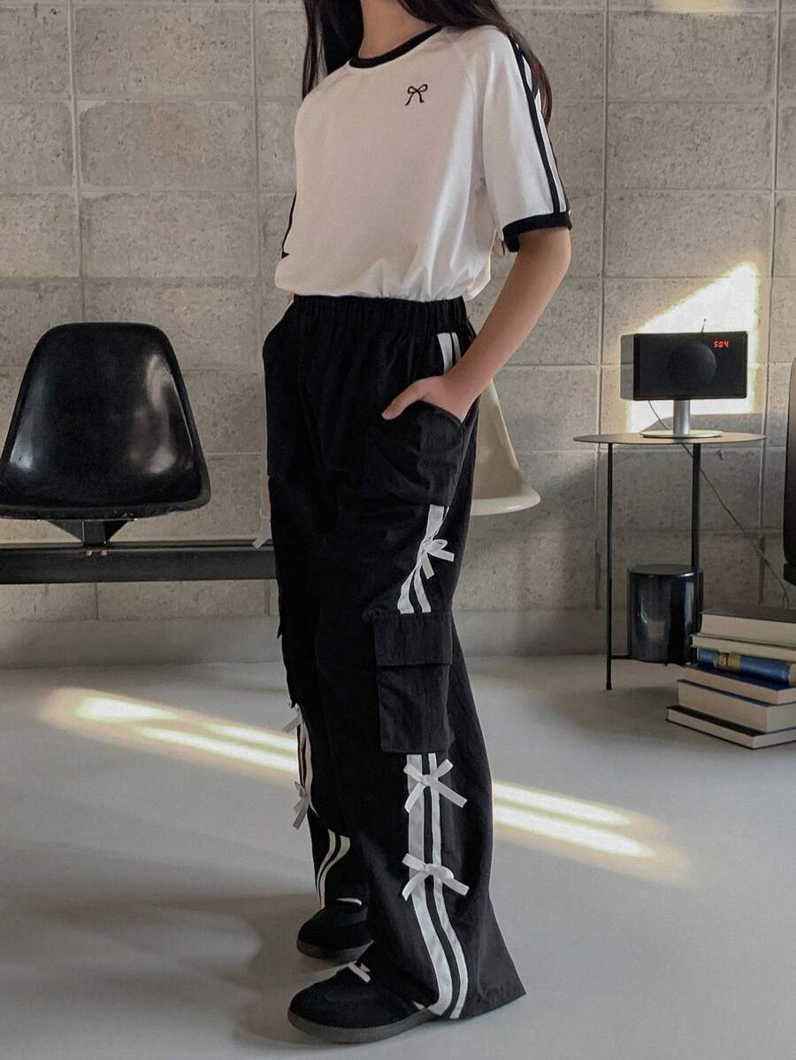 Tween Girls Bow Print Raglan Short Sleeve Top And Pants Outfit