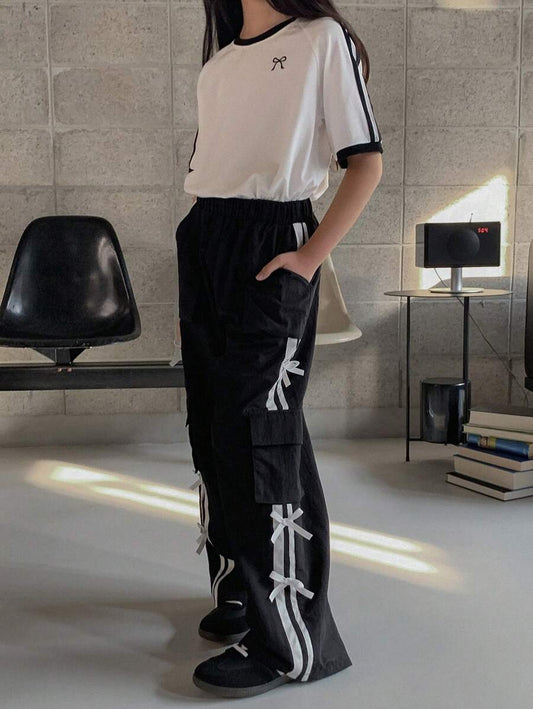 Tween Girls Bow Print Raglan Short Sleeve Top And Pants Outfit