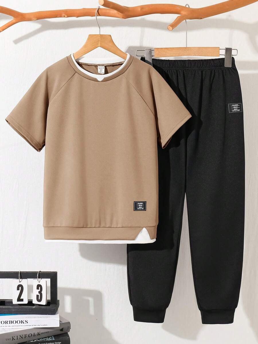 Tween Boy Mock Collar Casual T-Shirt And Sweatpants Set Khaki