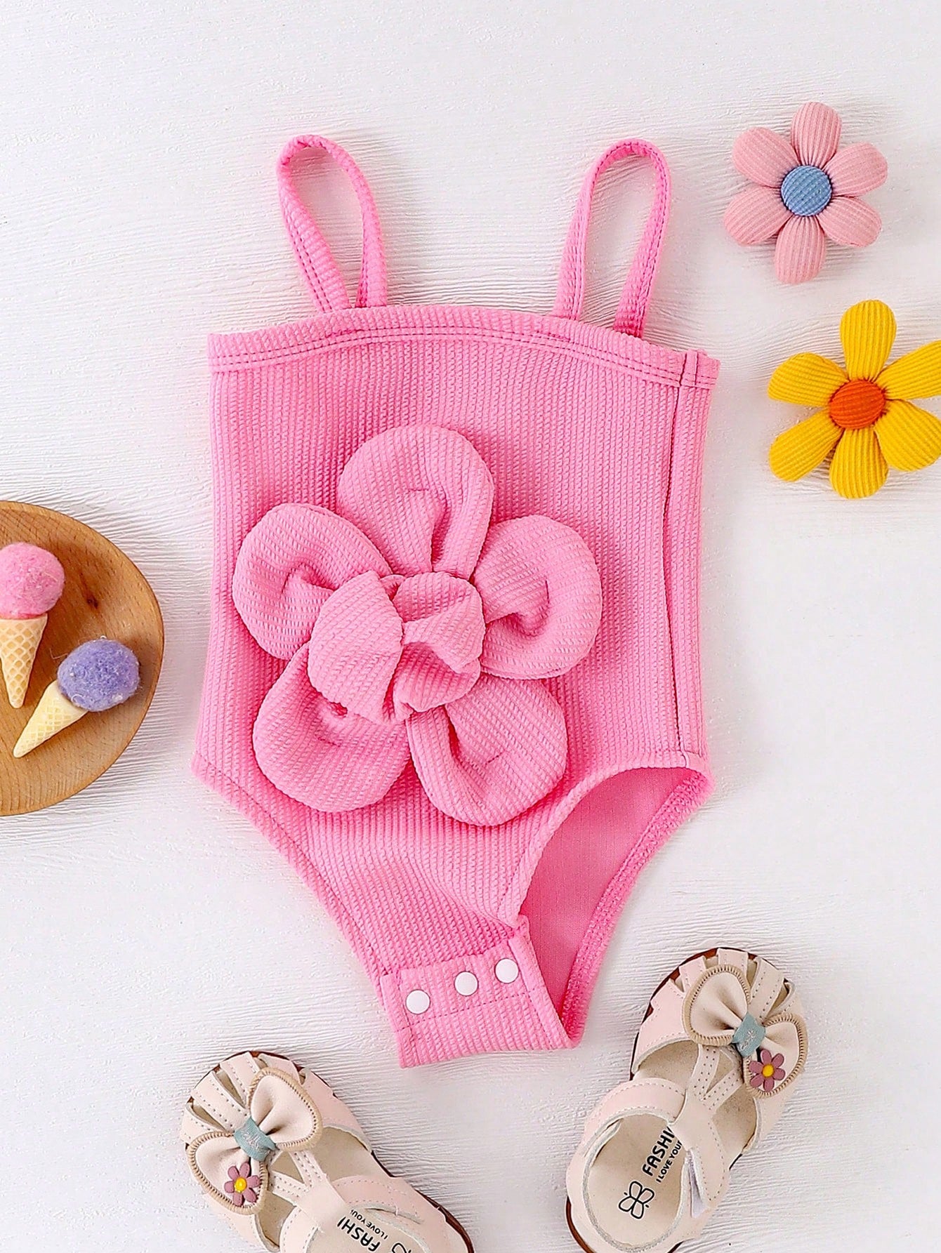 Baby Girl Bodysuit Floral Decor Solid Color New-Born Infant