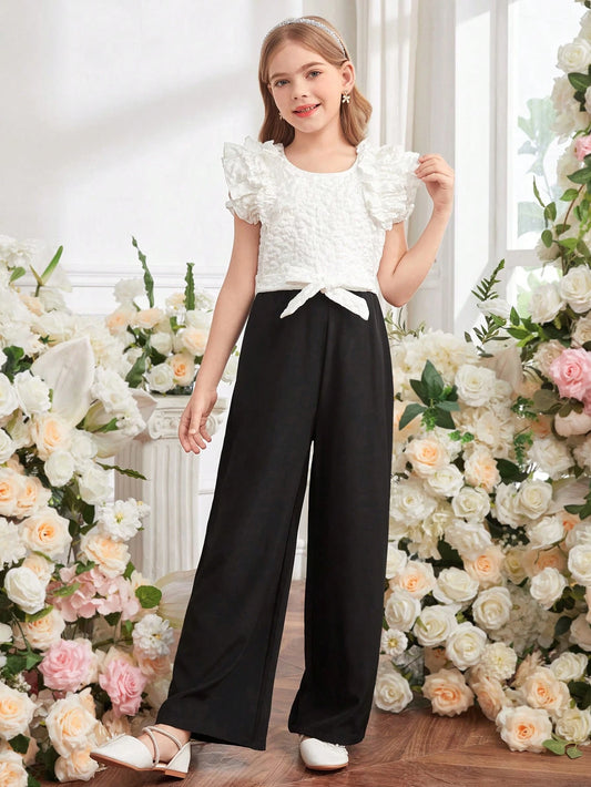 Tween Girl Jacquard Fabric Cap Sleeve Black Loose Jumpsuit With Belt