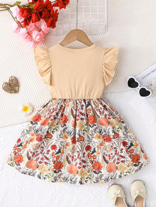 Young Girl Cute Ruffle Sleeve Round Neck Sweet Bow Floral Jungle Print Casual Dress