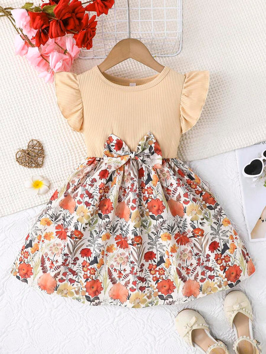Young Girl Cute Ruffle Sleeve Round Neck Sweet Bow Floral Jungle Print Casual Dress Multicolor 4Y