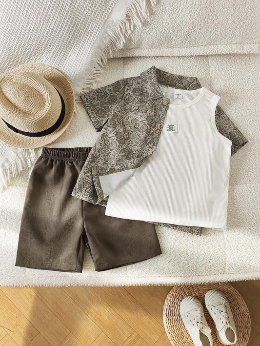Young Boys Letter EmbroideryT ank Top + Paisley Flower Print Shirt + Shorts Multicolor