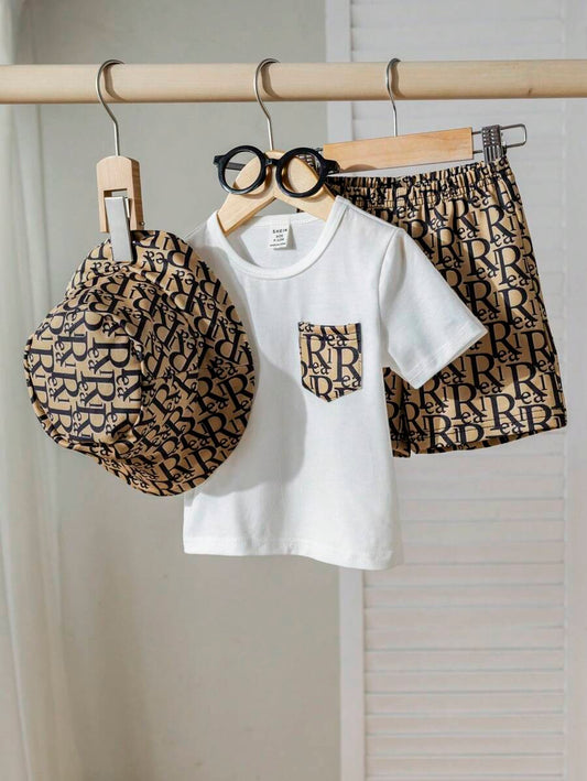 Baby Boy All-Over Print Knit T-Shirt, Shorts And Hat Set Khaki