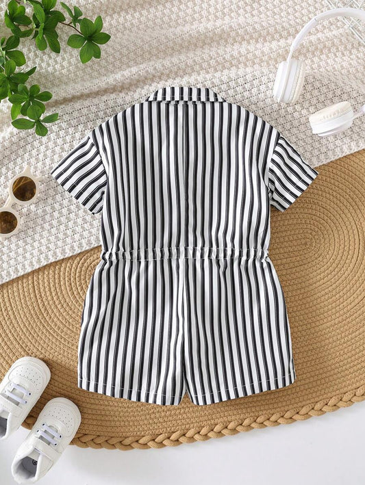 Baby Boy/Girl Vertical Stripe Lapel Short Sleeve Romper & Shorts Set