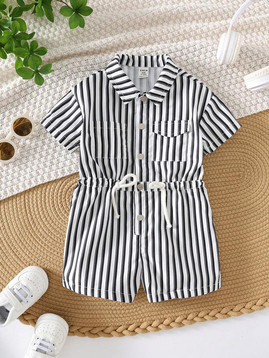 Baby Boy/Girl Vertical Stripe Lapel Short Sleeve Romper & Shorts Set Black & White