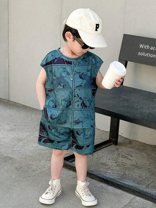 Versatile Cartoon Anime Printed Loose Tank Top And Shorts Two Pieces Set Army green