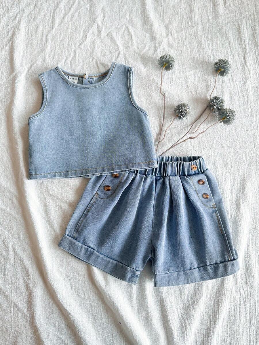 Korean Style Fashionable Sleeveless Denim Vest And Versatile Washed Denim Shorts Blue