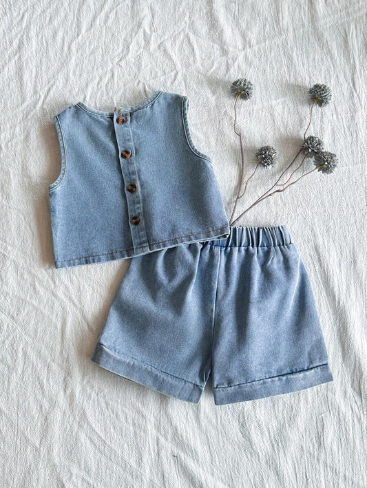 Korean Style Fashionable Sleeveless Denim Vest And Versatile Washed Denim Shorts
