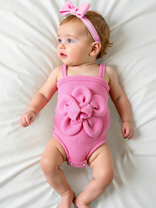 Baby Girl Bodysuit Floral Decor Solid Color New-Born Infant Pink