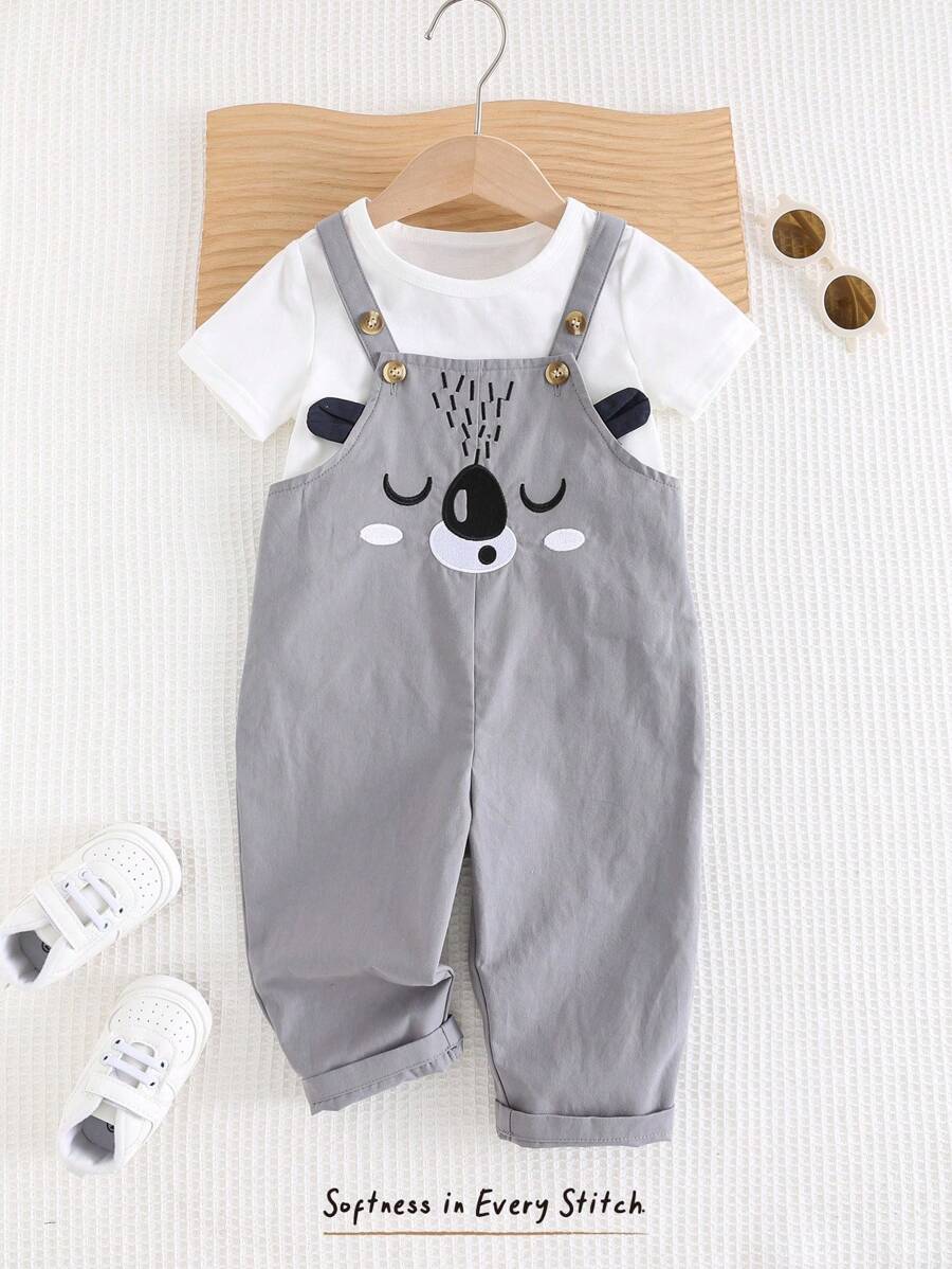 Cozy Pixies Baby Boy Casual Romper With Bear Graphic & 3D Ear Design Grey 2-3Y