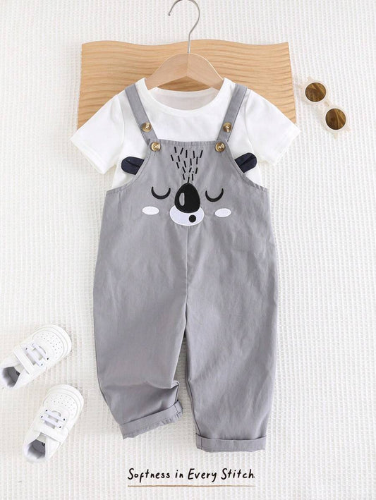 Cozy Pixies Baby Boy Casual Romper With Bear Graphic & 3D Ear Design Grey 2-3Y
