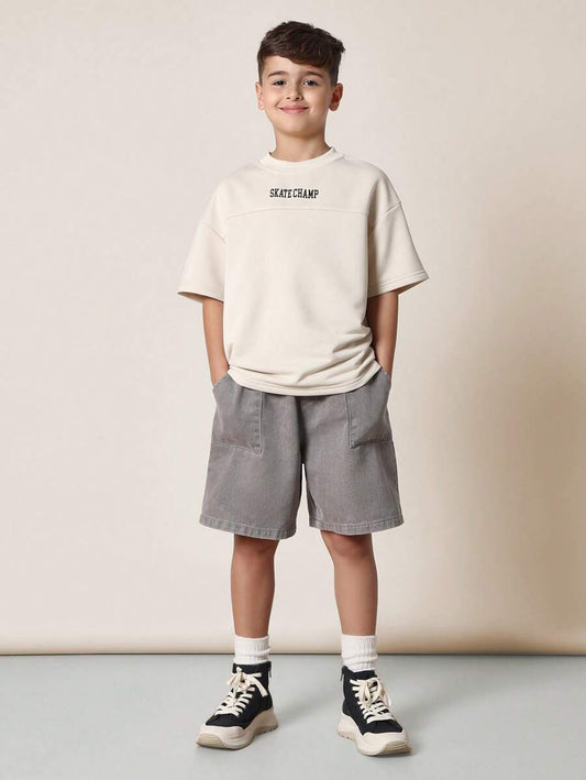 Tween Boys Comfy Regular Fit Short Sleeve Tee With Graphic Print And Washed Cargo Short Multicolor