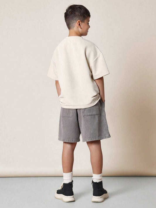 Tween Boys Comfy Regular Fit Short Sleeve Tee With Graphic Print And Washed Cargo Short