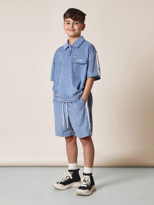 Tween Boys Comfy Boxy Fit Terry Short Sleeve Polo Shirt And Short Blue