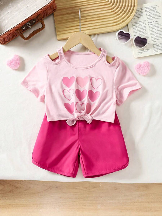 2pcs/Set Young Girl Heart Print Cutout Shoulder Short Sleeve Top And Shorts Multicolor