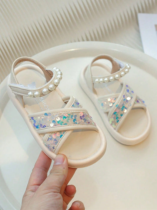 1 Pair Beige PU Sequin Pearl Strap Hook And Loop Design Flat Sandals