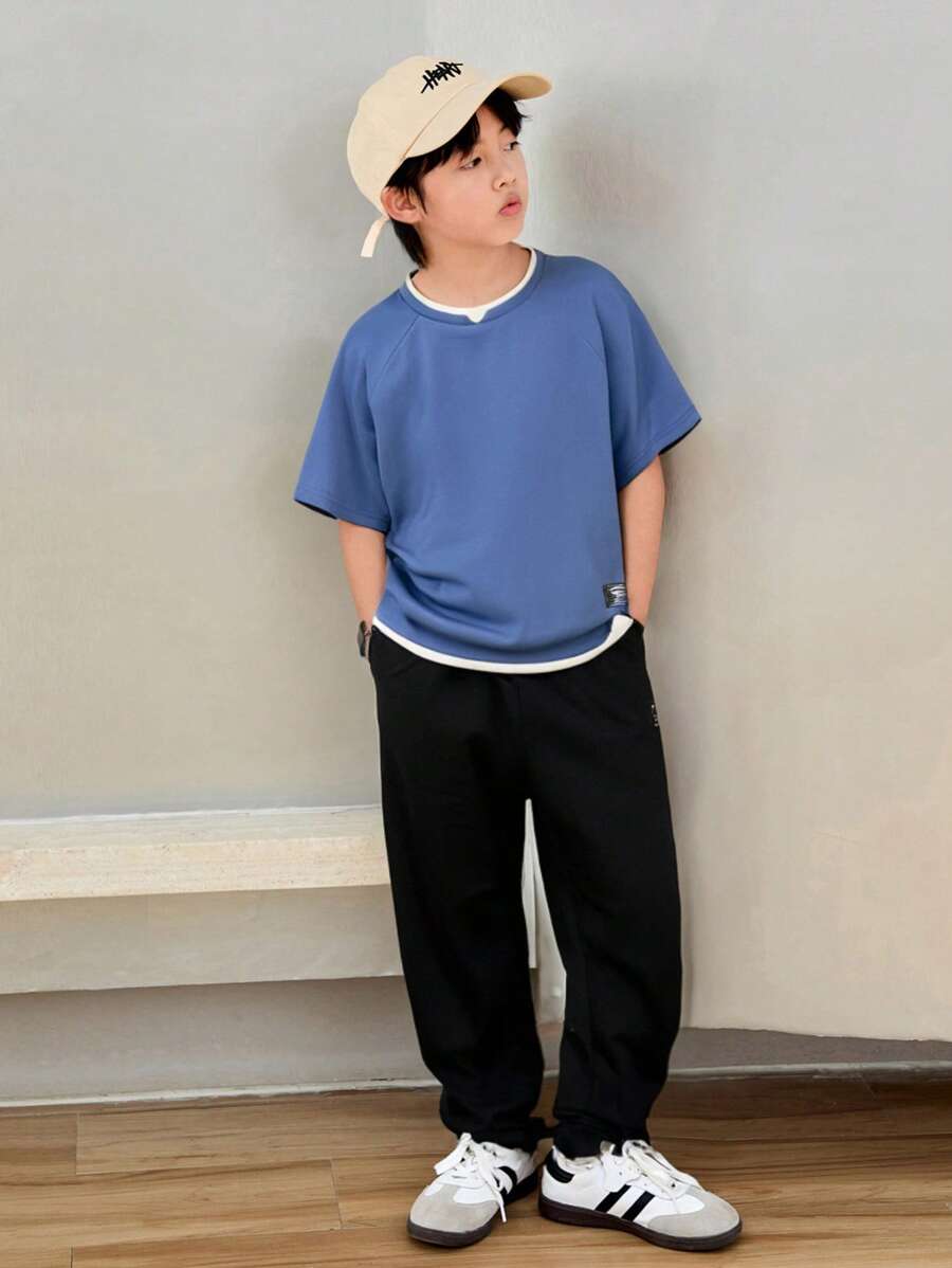 Tween Boy Mock Collar Casual T-Shirt And Sweatpants Set Dusty Blue