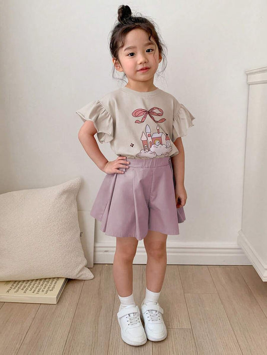 Young Girl Casual Butterfly & Castle Print Ruffle Sleeve Top And Shorts Light Grey