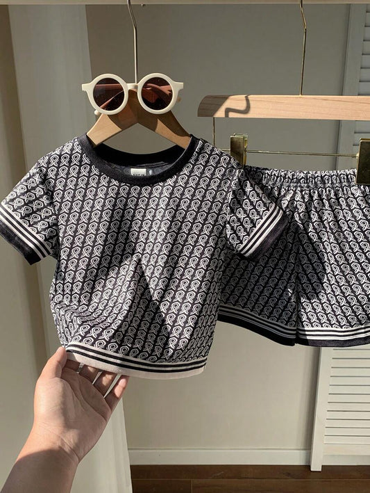 Vintage Print Color Block Short Sleeve T-Shirt And Elastic Waist Shorts Blue