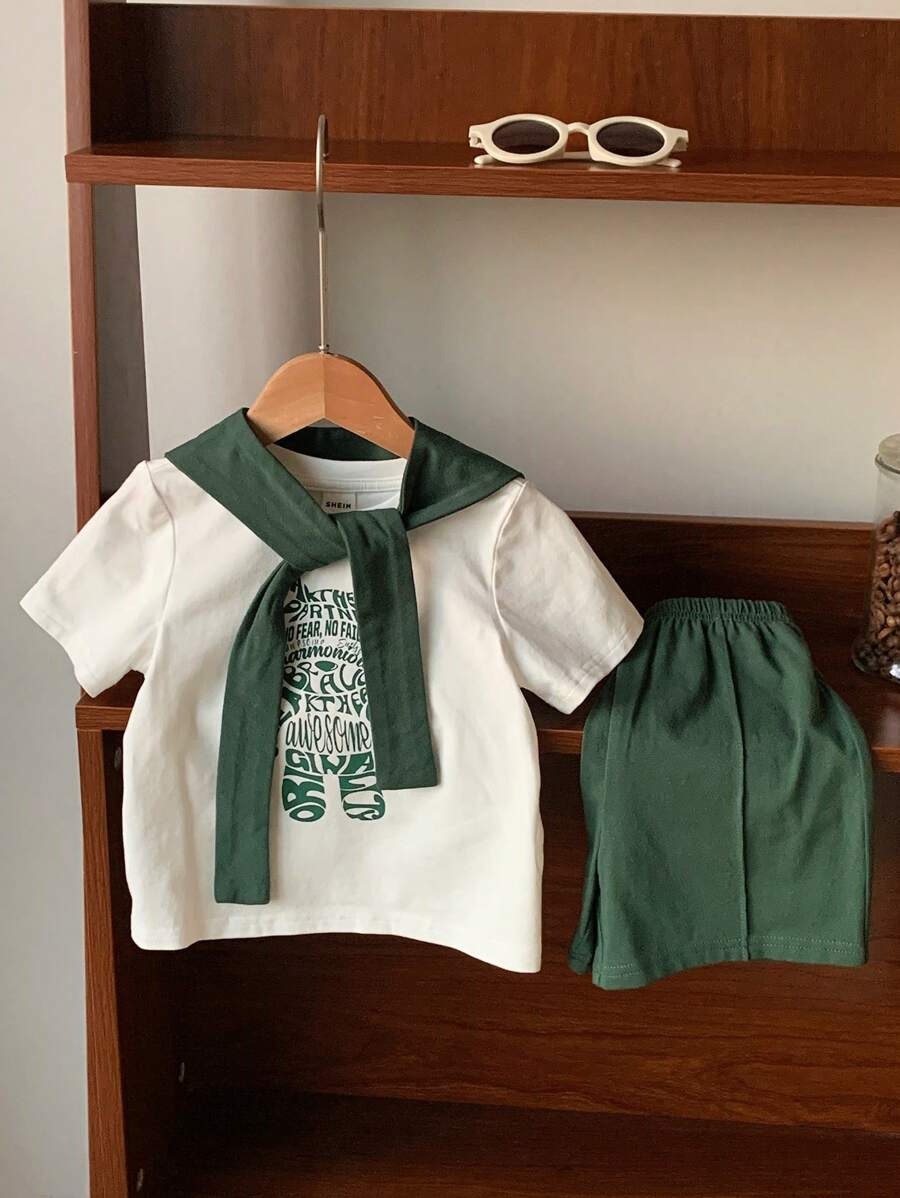 Casual Cute Cartoon Bear Print T-Shirt Top, Knit Shorts, And Blue Shawl Green