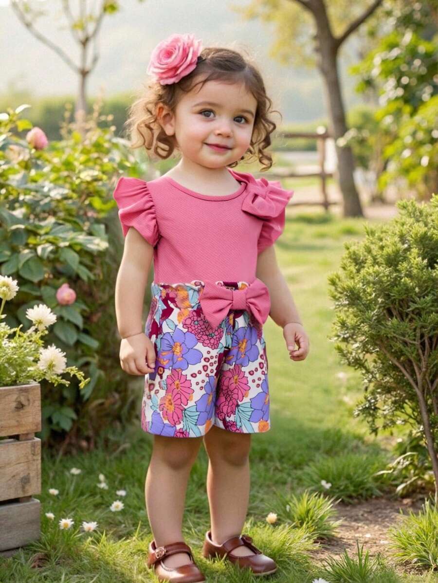 Bow Decor Cap Sleeve Top And Elastic Waist Shorts Set